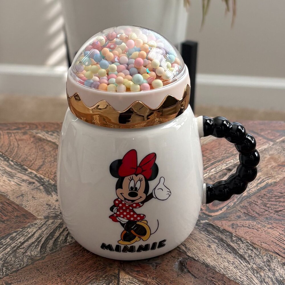 "YMGN Optimal Design Minnie Mouse "Snow Globe" Beaded Lid Ceramic Mug